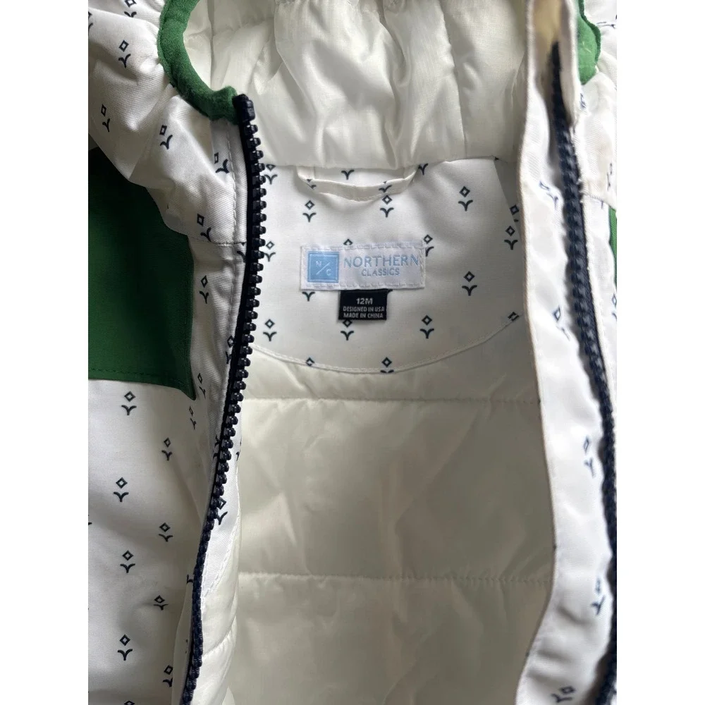 Northern Classics Snowsuit Baby 12M White Green Hooded Bunting Zip